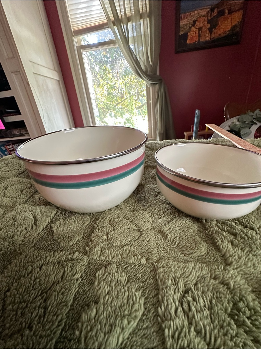 Classic White Mixing Bowls with Pink and Teal Bands - Set of 2